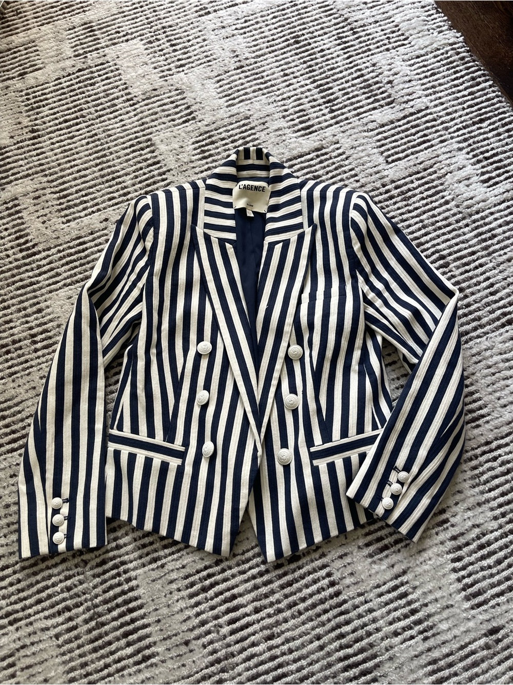 L'AGENCE | Stripped Navy and Cream Striped Double-Breasted Blazer